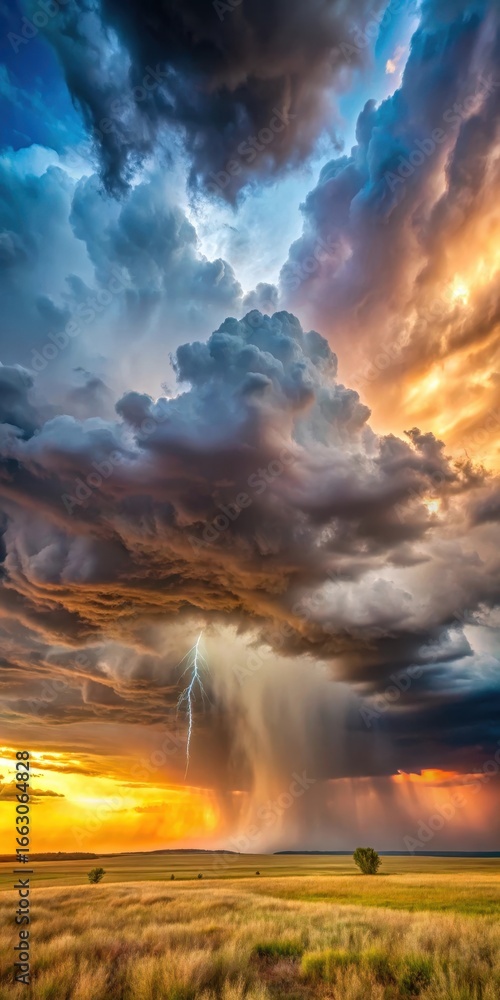 Fototapeta premium Severe storm with heavy rain and hail on the open plains at sunset