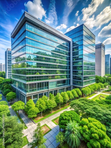 Modern office building surrounded by lush green trees in a cityscape