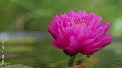 Close up of a beautiful pink lotus flower with fresh water droplets in a natural pond