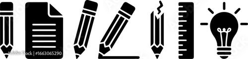 Black and white icons of pencils, paper, ruler, and lightbulb for design and creativity theme