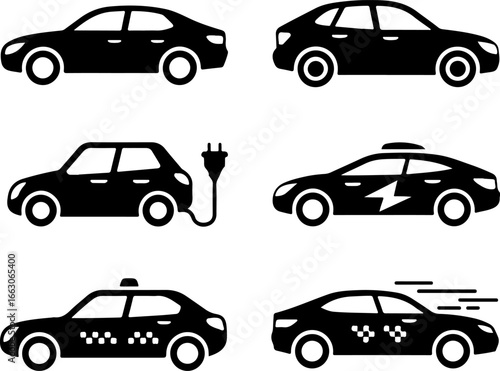 A collection of various car icons in black silhouette including electric and taxi vehicles displayed