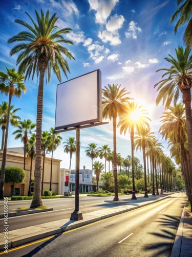 Bright sunny day on a bustling city street with empty billboard and palm trees in foreground