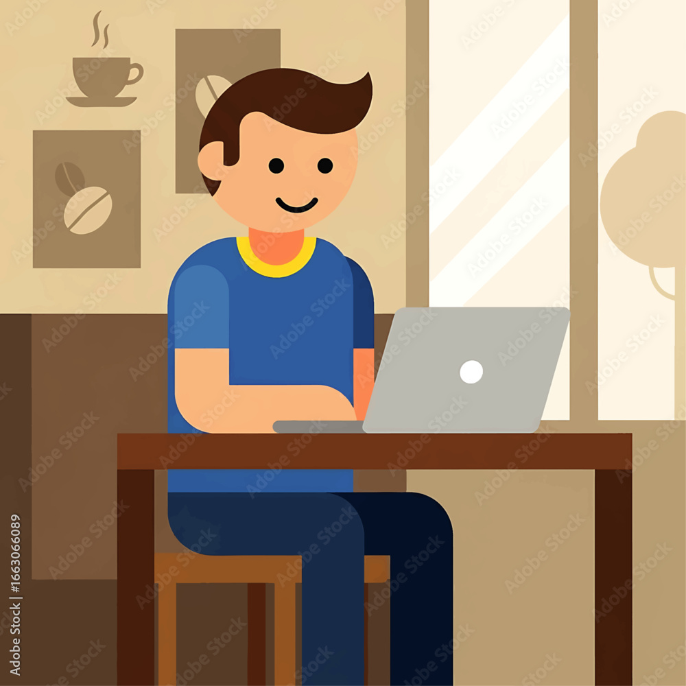 Fototapeta premium Illustration of a man working on a laptop in a cafe setting.