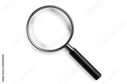 Magnifying glass with clear glass lens and metallic rim elements, isolated on transparent background, stock search symbol PNG cutout graphics
