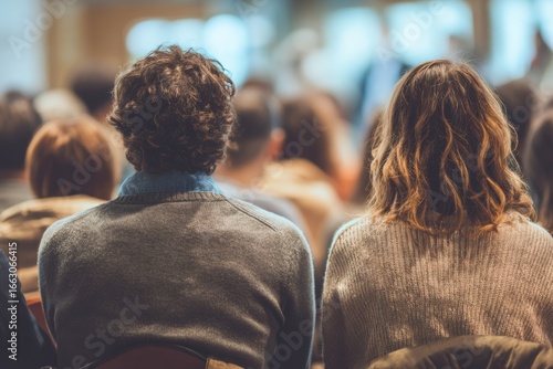 town hall meeting. parents teacher conference at school, parents sitting with their backs towards the camera, neutral color palette, realistic photography style