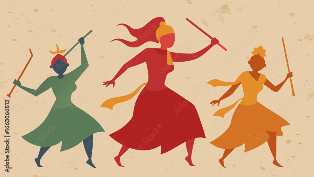Fototapeta premium Indian women dancing with sticks during Garba or Dandiya festival in colorful traditional outfits, flat artistic style