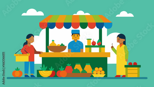 Indian market scene with people buying fresh fruits and vegetables at a colorful outdoor stall in flat vector style