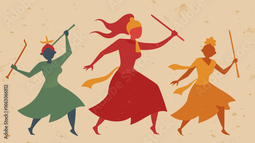 Indian women dancing with sticks during Garba or Dandiya festival in colorful traditional outfits, flat artistic style