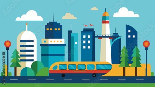 Modern Indian cityscape with metro train, high-rise buildings and urban skyline in colorful flat vector style