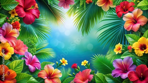 Colorful hibiscus flowers and palm leaves in a lush tropical border