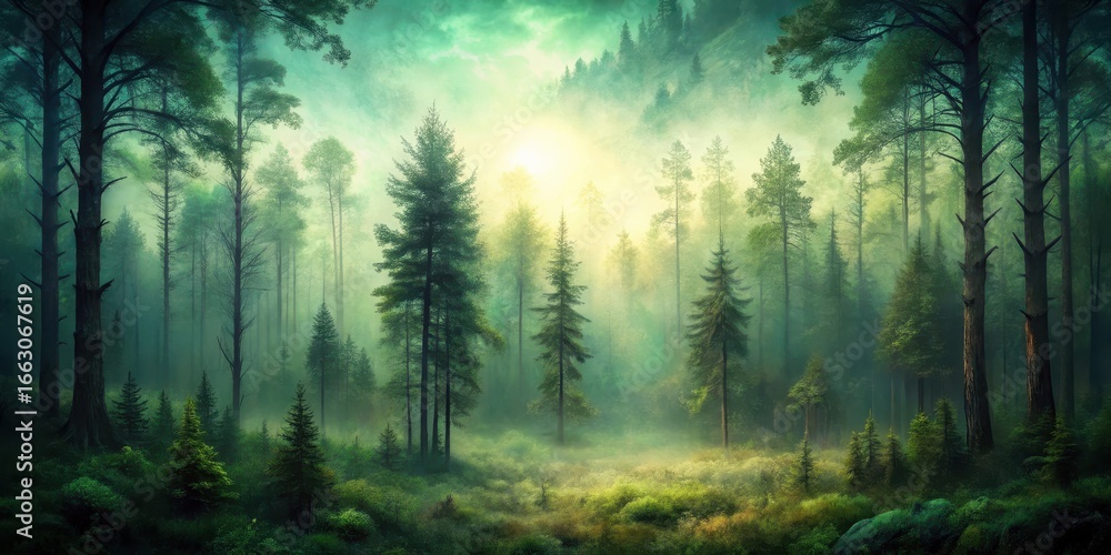 Obraz premium Muted green forest landscape at dusk