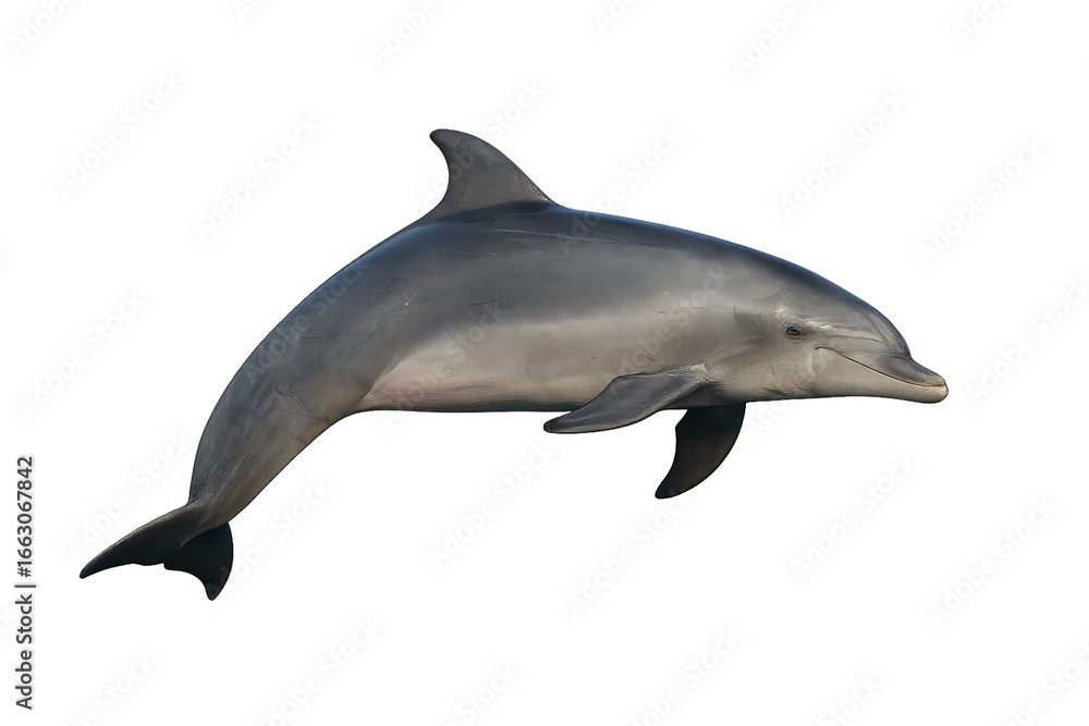 Naklejka premium High-quality photo of an Atlantic bottlenose dolphin swimming horizontally with a streamlined grey body and dorsal fin, isolated on transparent background PNG