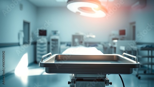Sterile medical environment with empty surgical tray and dramatic lighting, conveying modern healthcare.
