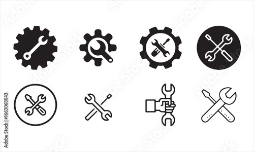 Set of wrench and gear icons isolated on white background for repair service