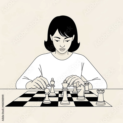 Woman playing chess, focused on the game, contemplating her next move.