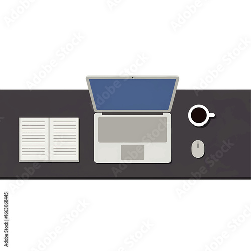Overhead view of a desk with a laptop, book, coffee cup, and mouse.