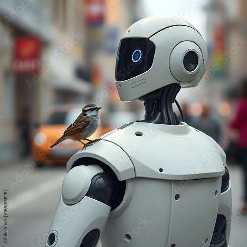 A small bird perched on the shoulder of a humanoid robot in a forest