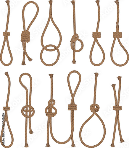 Vector illustration of rope knots and loops collection in various styles, representing survival, camping, climbing, sailing, nautical, binding, cord, and secure ties