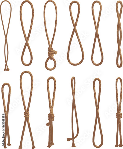 Vector illustration of rope loops and knots collection in different styles, representing survival, camping, climbing, sailing, binding, cord, and nautical design