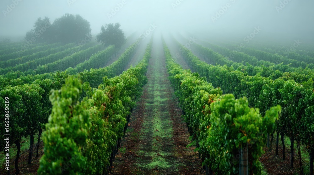 Obraz premium Misty vineyard rows