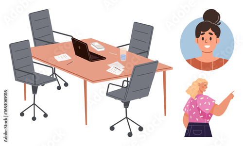 Conference table with chairs, laptop, papers, water glass, and two team members interacting. Ideal for teamwork, collaboration, communication, workplace productivity brainstorming business
