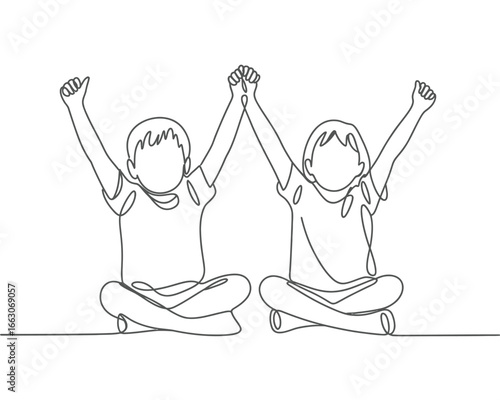 Two children celebrating with raised arms in a continuous line drawing