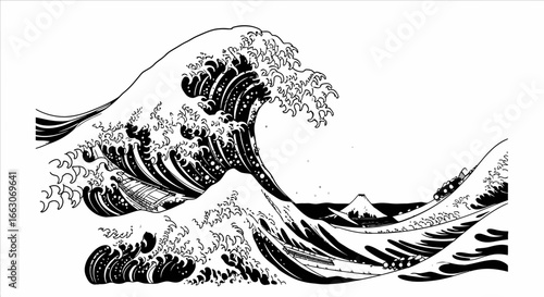 Black and White Vector SVG Illustration of The Great Wave Off Kanagawa in Minimalist Flat Style for Web and Print
