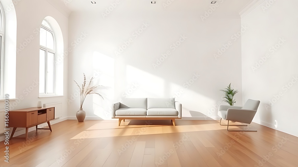 Fototapeta premium Minimalist living room with clean white walls and warm wood flooring, featuring mid-century modern furniture and soft natural light.