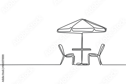 Minimalist single line drawing of an outdoor cafe table with chairs and umbrella