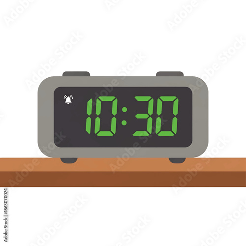 Digital alarm clock displaying 10:30 on a wooden surface, isolated on white.