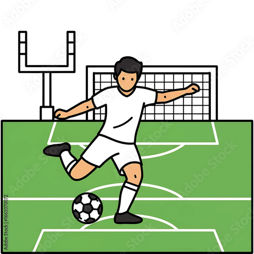 Soccer player kicking the ball on the field with a goal in the background.