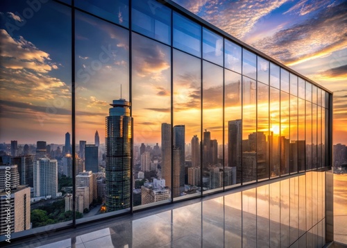 Modern office building with glass facade overlooking Bangkok cityscape at sunset
