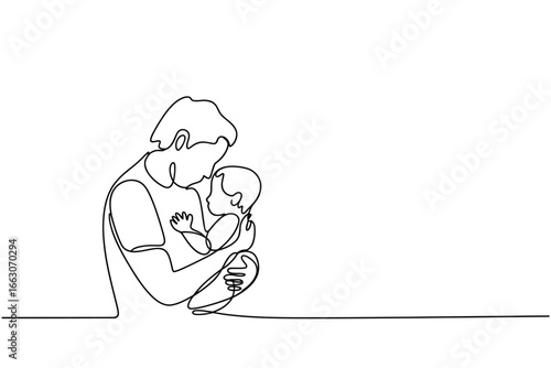 Father holding his baby in a continuous line drawing