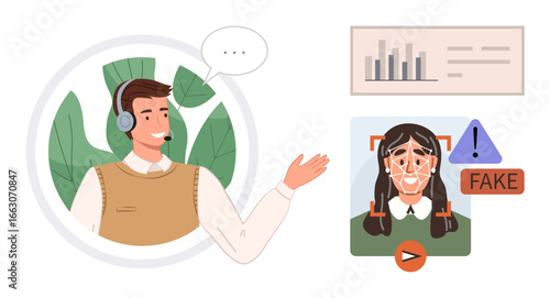 Customer support agent in headset explaining deepfake detection using face recognition AI, charts, and a flagged fake image. Ideal for tech, fraud prevention, security, education, tutorials