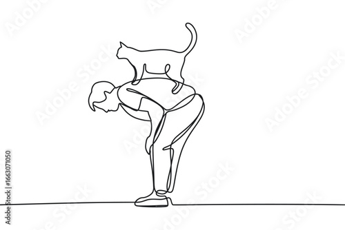 One line drawing of a person bending over with a cat on their back
