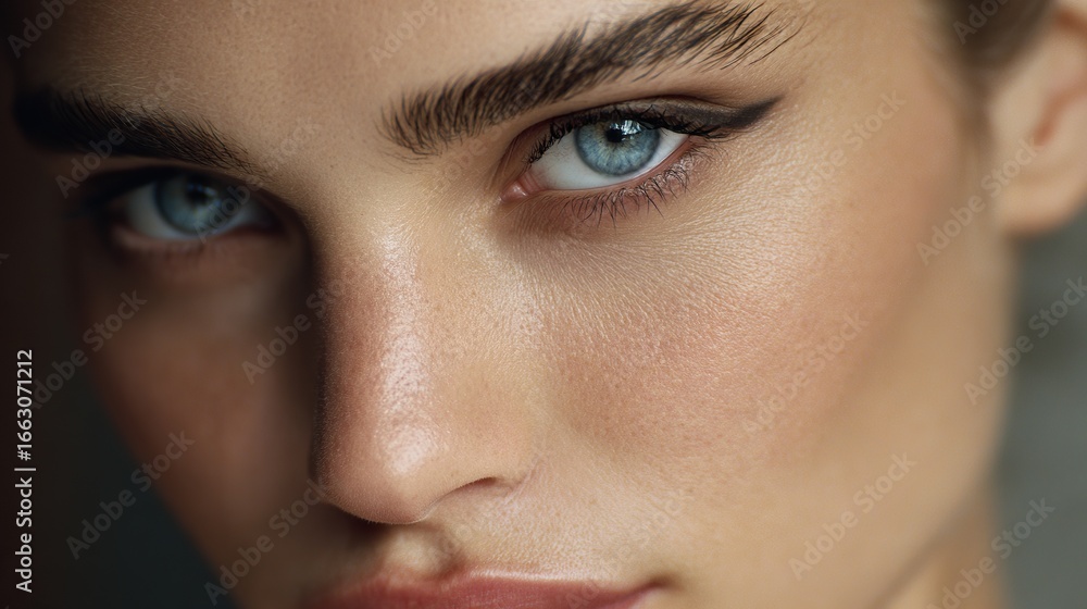 Fototapeta premium Close-up portraits of women with medium-length hair, soft pink lips, radiant ochre complexion; Highlight facial details, emphasizing natural beauty and subtle makeup features.