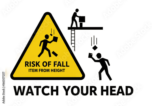 Warning sign depicting risk of falling items and a person on a platform with watch your head text