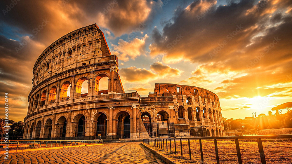 Fototapeta premium Majestic Colosseum at Sunrise: Golden Hour Roman Architecture, Dramatic Sky