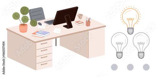 Desk with computer, plant, books, stationery alongside lightbulb ideas in various stages. Ideal for creativity, productivity, innovation, organization, workspace setup brainstorming simple flat