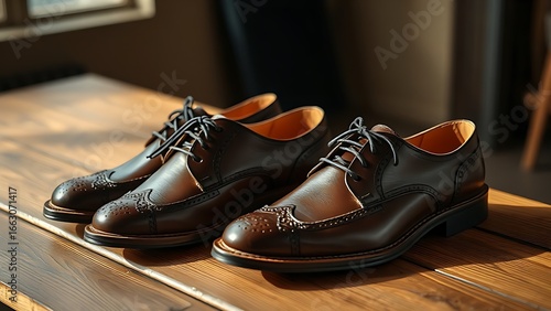 Handmade leather shoes showcased on a wooden surface with natural lighting.