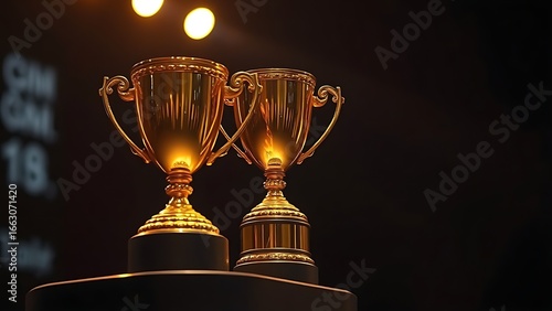 Golden trophy on a pedestal illuminated by a warm spotlight against a dark blurred background.