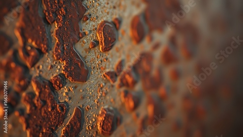 Close-up of rusted metal surface with abstract weathered patterns, creating a warm and textured visual.