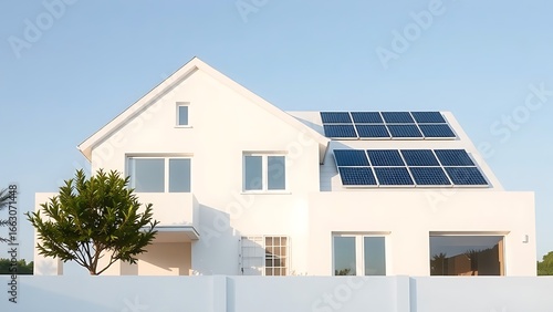 Modern white house with solar panels and clean design against a simple blue sky.