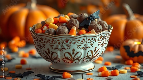 Vintage Halloween candy bowl filled with chocolates and candy corn, bat confetti scattered on a warm autumnal backdrop.