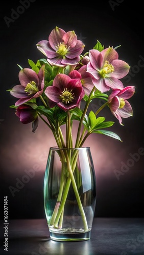 Wallpaper Mural Dark glass vase filled with hellebores blooms against a sleek black canvas background Torontodigital.ca