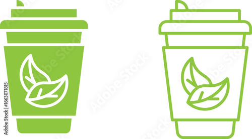 Eco-friendly reusable coffee cup vector icon. Minimal green flat and outline design of sustainable drinkware with leaf symbol, representing zero waste lifestyle