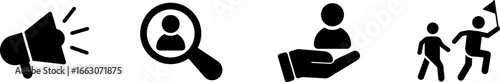 Recruitment icons with loudspeaker, find candidates, select, leader icons.