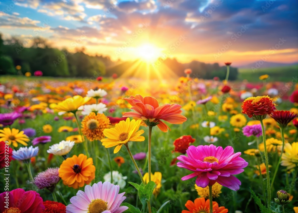 Fototapeta premium Vibrant colorful flowers blooming in a field from high above with warm sunlight filtering through