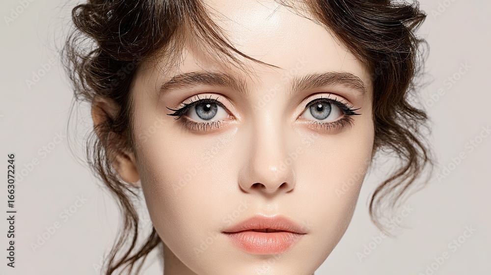 Fototapeta premium Close-up portraits of women with medium-length hair, soft pink lips, radiant ochre complexion; Highlight facial details, emphasizing natural beauty and subtle makeup features.
