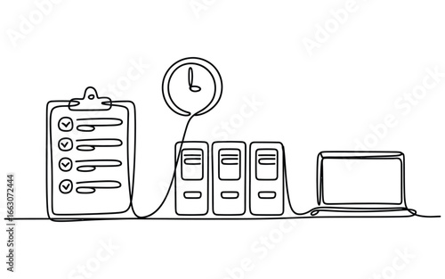One line drawing of a checklist server racks and laptop